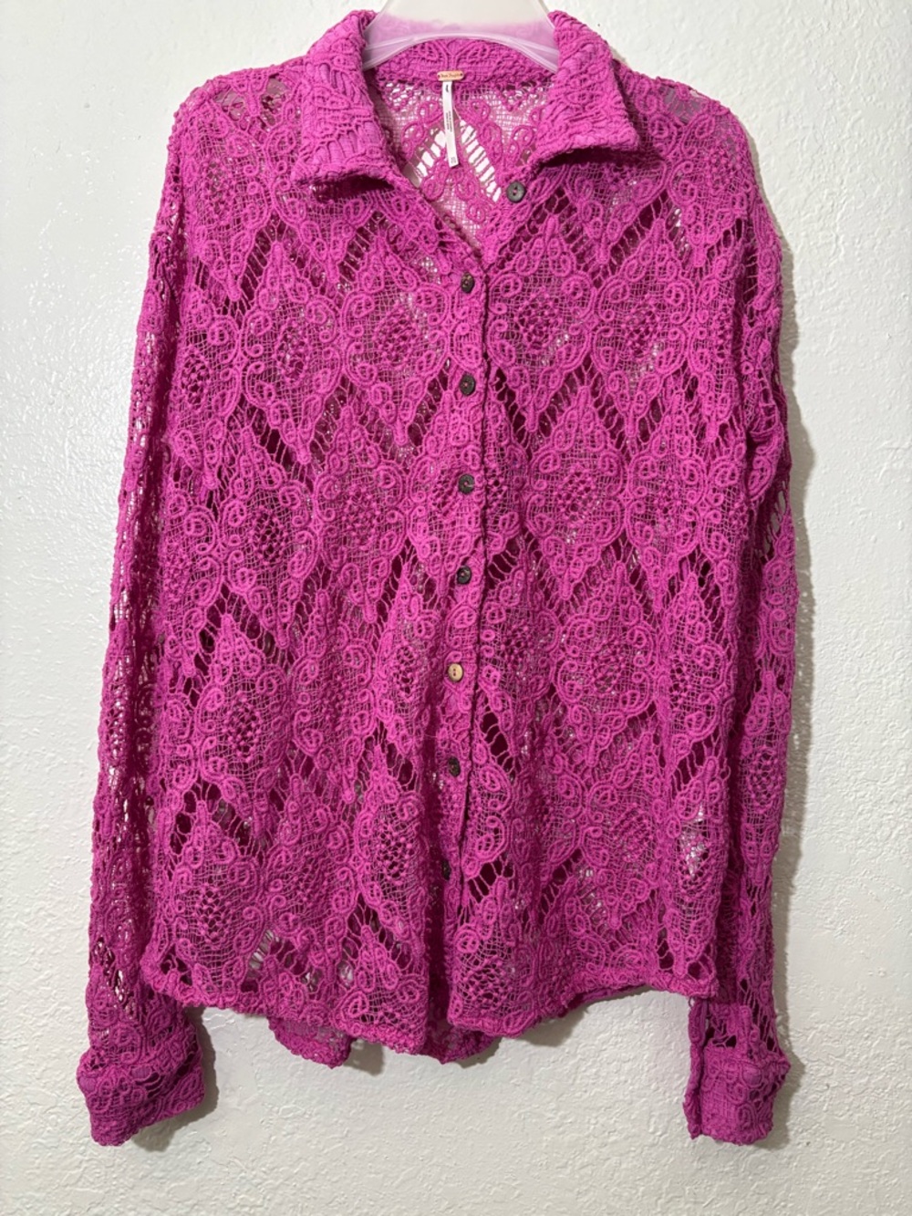 Free People Magenta Crochet Button-Down Lace Shirt